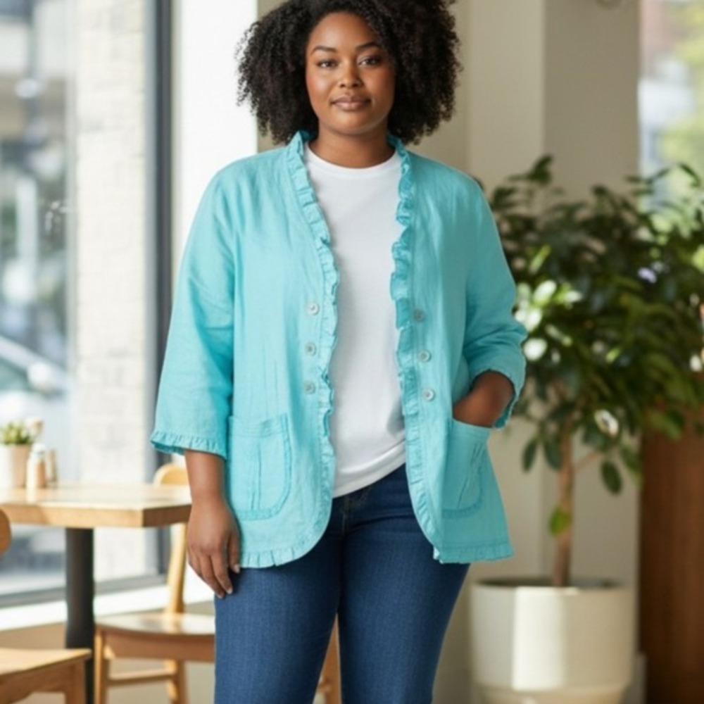 Multiples 100%‎ Linen Jacket Aqua Blue Ruffle Pockets Open Front Large Cruise